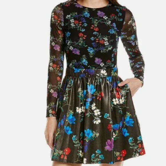 chinese dress ladies alice + olivia Women's Chara Long Sleeve Lace Vegan Pleated Mini Dress,  Black, 0 at Amazon Women's Clothing store main image 0